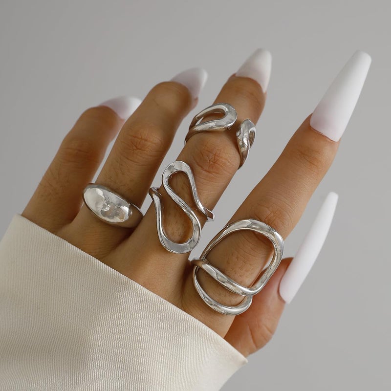 ANGLEQUEEN Chunky Silver Rings for Women Open Stacking Knuckle Ring Silver Adjustable Round Dome Rings Set Minimalist Irregular Statement Ring Women 2025 Fashion Jewelry - Image 2
